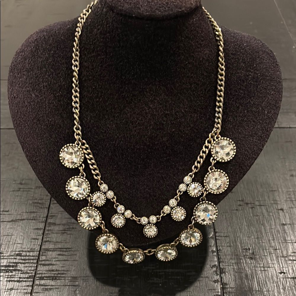 Elegant Loft Rhinestone Double Necklace Large Clear Stones Chunky Chain Gold